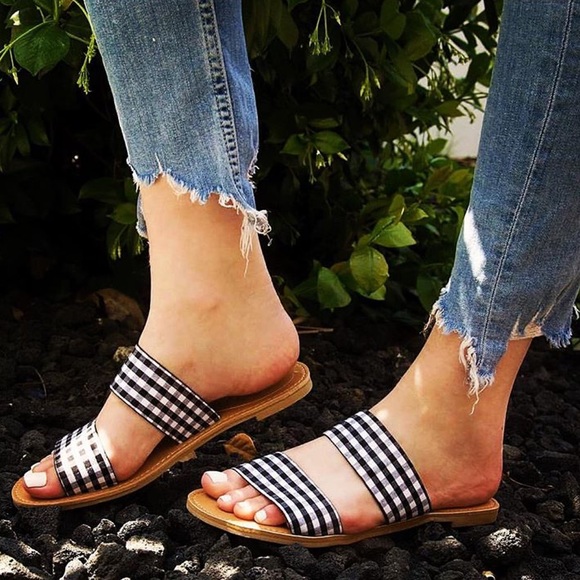 Qupid Shoes - LAST 1! gingham double strap flat slide sandals
